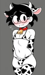 1boy ai ai_art ai_generated bell black_body black_hair blush cartoon cow_bell cow_bikini cow_ears cow_print dot_eyes femboy femboy_only male marlon marlon_(character) marlontoon marlonxd rubberhose short_hair thigh_highs thighs twink white_body