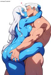 1boy 1girls ai_generated ai_hands ass_grab big_ass blue_diamond_(steven_universe) cartoon_network curvy diamond_authority gem_(species) kissing muscular_male naked oiled round_ass steven_universe white_hair