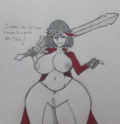 1girls big_ass big_breasts big_thighs cosplay dante_(cosplay) devil_may_cry english_text exposed_breasts female female_only kill_la_kill manito_matoii manito_matoii(artist) matoi_ryuuko sketch solo tagme text