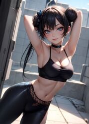 1girls 2d ai_generated armpits athletic athletic_female bare_arms bare_legs bare_shoulders belly black_hair blue_archive bun chest cleavage curvy curvy_figure cute cute_face detailed double_bun eyelashes eyeshadow female female_only fit fit_female focus genryumon_(blue_archive) hair hair_ornament high_quality kisaki_(blue_archive) leggings legs light-skinned_female light_brown_hair light_skin lips lipstick long_hair looking_at_viewer makeup mascara medium_breasts midriff nero100 pale-skinned_female pale_skin petite petite_body posing purple_eyes seductive seductive_look shanhaijing_secondary_school_student sidelocks skin_tight stable_diffusion tagme tank_top thighs thin_waist twintails young younger_female