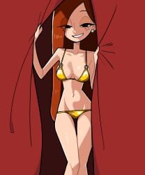 1girls big_breasts bikini disney female female_focus female_only freckles freckles_on_face golden_bikini gravity_falls light-skinned_female light_skin long_hair long_legs looking_at_viewer n___k___m pinup slender_legs solo swimsuit thighs wendy_corduroy