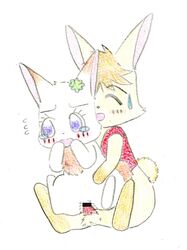 anthro blush censored chest_tuft chima closed_eyes clover duo eyelashes female fur happy_happy_clover lagomorph luna male mammal pixiv rabbit sayuri_tatsuyama smile straight tears tuft unknown_artist vest white_background