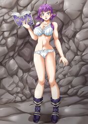 1girls ass_visible_through_thighs bangs bare_arms bare_legs bare_midriff bare_shoulders book boots bra breasts cave collarbone female female_only fire_emblem fire_emblem:_the_sacred_stones full_body large_breasts legs looking_at_viewer lute_(fire_emblem) midriff nao_takami nintendo open_mouth panties partially_visible_vulva purple_eyes purple_hair shocked shoulders sidelocks solo standing underwear white_bra white_panties wide_eyed