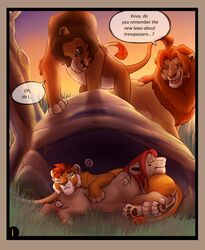 2014 balls comic disney feline feral fur grass group hybrid kovu liger lion male male_only mammal nude open_mouth outside realis simba sleeping tawnix text the_lion_king