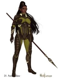 1girls 2022 abs armor armored_female black_hair dark-skinned_female dark_elf elf elf_ears elf_female female female_only full_body futuristic futuristic_clothing galaad1800 green_eyes high_ponytail large_breasts looking_at_viewer muscular muscular_female pointy_ears ponytail sci-fi simple_background skin_tight solo solo_female spear very_long_hair white_background