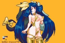 1girls angel_wings asymmetrical_wings bare_shoulders bikini blue_hair breasts center_opening covered_nipples dizzy_(guilty_gear) female glaceo gold_bikini gold_slingshot_swimsuit gold_thighhighs golden_week guilty_gear hair_rings hand_on_own_chest large_breasts long_hair mature_female micro_bikini milf monster_girl navel orange_background pixel_art red_eyes ribbon sideboob skindentation slingshot_swimsuit solo swimsuit tail tail_ornament tail_ribbon thigh_strap thighhighs twintails twitter_username underboob wings yellow_ribbon