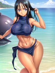 ai_generated bangs beach_background big_breasts bikini blue_eyes crop_sweater dark_hair earrings female female_only large_hips long_hair nico_robin one_piece sleeveless_sweater sleeveless_turtleneck sweater tanned tanned_female tanned_skin turtleneck turtleneck_sweater zarazin