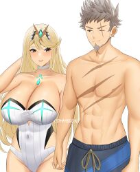 1boy 1girls alternate_costume breasts female genm7 male mythra nintendo one_eye_closed rex_(xenoblade) swimsuit tagme xenoblade_(series) xenoblade_chronicles_2