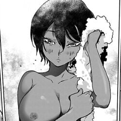 after_shower bare_breasts bare_shoulders big_breasts blush dark-skinned_female dark_hair dark_nipples dark_skin female female_focus female_only hair_between_eyes manga manga_page monochrome naked naked_female nipples nude nude_female short_hair small_image small_nipples succubus_and_hitman towel upper_body