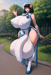 ai_generated asian_futanari background balls_under_clothes big_breasts chinese_clothes chinese_dress chinese_female covered_balls covered_penis flower_hair_ornament futanari huge_balls huge_breasts huge_cock hyper hyper_balls hyper_penis park park_background penis_under_dress pick_up_a_pencil silenteye smiling waving_at_viewer white_clothing