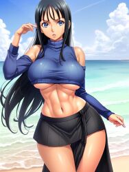 ai_generated arm_warmers bangs beach_background big_breasts blue_eyes crop_sweater dark_hair female female_only large_hips long_hair nico_robin one_piece pre-timeskip skirt sweater turtleneck turtleneck_sweater underboob_sweater zarazin