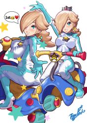 1girls artist_name ass big_breasts blonde_hair blue_eyes bodysuit boots busty crown earrings gloves hair_over_one_eye jpeg jumpsuit light-skinned_female light_skin mario_(series) mario_kart mario_kart_8 motorcycle nintendo princess_rosalina riding_motorcycle speech_bubble star tight_clothing yamino_ekakinin