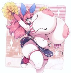 animal_ear_fluff anthro areolae ass bikini_snap blush breasts cheerleader eeveelution fangs female female_focus female_only furry generation_6_pokemon gigantic_breasts hi_res huge_breasts hyper_breasts lactating lactation nintendo nipples panties pink_hair pokémon_(species) pokemon pokemon_(species) pom_poms secretly_saucy selene_(itsawulf) shocked skindentation skirt skirt_up snapped_bikini sneakers stockings striped_bikini surprised sylveon thick thick_thighs wardrobe_malfunction