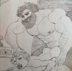 anal anal_insertion anal_sex beard bearded cum cum_in_ass cum_in_ass cum_in_pussy cum_inside curly_hair dominant_male domination dubious_consent explosive_orgasm facial_hair faun from_behind from_behind_position fucked_from_behind fucked_into_submission gay gay_domination gay_sex george_(character) goat_ears goat_horns hairy hairy_arms hairy_chest hairy_male hand_on_head horns hunk intense_sex male/female manly messy_hair muscle muscular muscular_male on_stomach overflowing_cum pencil_(artwork) prone_bone rough_sex satyr size_difference traditional_art traditional_media traditional_media_(artwork) veiny_muscles