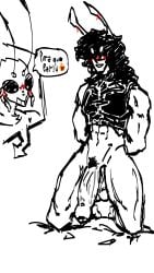 2boys alternate_version_available bed big_penis black_hair blush cockroach crop_top furry gay hands_behind_back kneeling long_hair male muscular original_character raar69(artist) roach snail text text_bubble yaoi