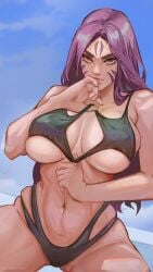 bikini facepaint kai'sa large_breasts league_of_legends looking_at_viewer pinup pulling_clothing purple_hair riot_games solo_female tagme underboob vile_jp
