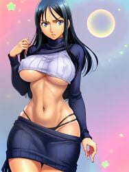 ai_generated angry_face bangs big_breasts big_hips blue_eyes colored_background crop_sweater dark_hair female female_only large_hips long_hair nico_robin one_piece skirt skirt_down sweater tanned tanned_female tanned_skin thong_straps turtleneck turtleneck_sweater underboob_sweater visible_underwear zarazin