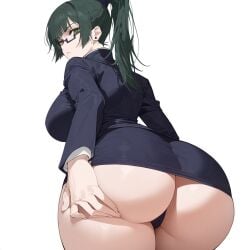 ai_generated ass_bigger_than_head ass_focus back back_view bed bedroom big_ass big_breasts big_butt dark_green_hair fit_female glasses green_eyes jujutsu_kaisen laying_on_bed lifting_ass looking_at_viewer looking_back school_uniform schoolgirl skirt thick_thighs zenin_maki