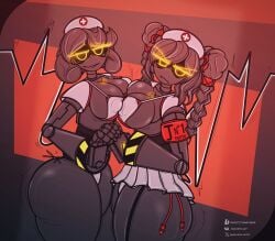 2d 2girls big_ass big_breasts breasts female female_only glitch_productions holding_hands humanoid j_(murder_drones) line_art madlness multiple_girls murder_drones nurse_uniform robot robot_girl robot_humanoid screen_face simple_background simple_coloring tail v_(murder_drones) yellow_eyes