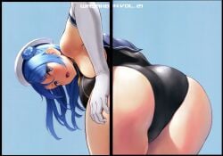 1girls ass ass_focus bending_over bent_over beret big_ass big_ass_(female) black_one-piece_swimsuit blue_collar blue_eyes blue_hair collar douj doujin doujinshi doujinshi_page elbow_gloves looking_at_viewer looking_back navy_hat one-piece_swimsuit sailor_hat separated_collar side_bun solo swimsuit urakaze_(kantai_collection) wa_(genryusui) white_gloves white_hat