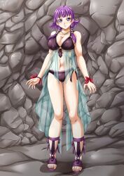 1girls alternate_costume ass_visible_through_thighs bangs bare_arms bare_legs bare_midriff bare_shoulders bikini black_bikini black_swimsuit boots breasts cave collarbone female female_only fire_emblem fire_emblem:_the_sacred_stones fire_emblem_heroes full_body large_breasts legs looking_at_viewer lute_(fire_emblem) lute_(summer)_(fire_emblem) midriff nao_takami nintendo official_alternate_costume purple_eyes purple_hair see-through shoulders sidelocks smile solo standing swimsuit veil