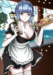 1girls apron artist_request blue_hair boba_tea busty cleavage fire_emblem fire_emblem:_three_houses gloves light-skinned_female light_skin maid maid_uniform marianne_von_edmund nintendo platter tea_cup thighhighs