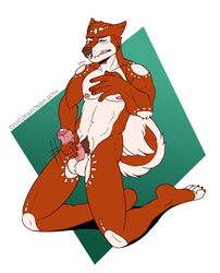 1boy anthro balls biting_lip blush canine closed_eyes crocdragon89 facial_piercing kneeling male male_only mammal masturbation nipples nose_piercing penis piercing pubes simple_background solo uncut wolf