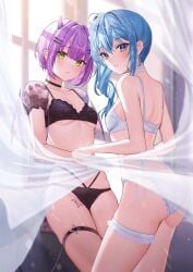 2girls ass bare_shoulders black_bra black_choker black_panties blue_eyes blue_hair blush bra breasts choker demon_girl demon_horns demon_tail demon_wings ear_piercing earrings green_eyes hair_ornament holoforce hololive hololive_gen_0 hololive_japan hoshimachi_suisei leg_tattoo lingerie medium_hair multiple_girls panties piercing purple_hair sanada_keisui small_breasts succubus succubus_tattoo thigh_strap thighs tokoyami_towa virtual_youtuber white_bra white_choker white_panties