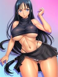 ai_generated bangs big_breasts big_thighs blue_eyes crop_sweater dark_hair female female_only large_hips long_hair nico_robin one_piece skirt skirt_up sleeveless_sweater sleeveless_turtleneck sweater tanned tanned_female tanned_skin thong_straps turtleneck turtleneck_sweater underboob_sweater visible_underwear whale_tail zarazin