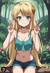 ai_generated bare_arms bare_shoulders blonde_hair blue_eyes blue_shorts breasts bush camisole cleavage closed_mouth collarbone cowboy_shot crop_top crop_top_overhang denim denim_shorts double_v female flower forest green_eyes hair_ornament heterochromia isekai_wa_smartphone_to_tomo_ni. long_hair looking_at_viewer medium_breasts midriff nature navel open_fly outdoors pikkiwynn short_shorts shorts sitting smile solo stomach tank_top tree v very_long_hair yumina_elnea_belfast