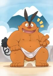 2024 anthro balls blush bulge generation_5_pokemon genitals hi_res kemono male male_focus male_only moobs navel nintendo nipples orange_body penis pignite pokemon pokemon_(species) sitting slightly_chubby smile solo takataka towel