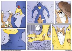 2boys 4_toes anisodactyl anthro avian avian_feet beak bird canid canine comic completely_nude dialogue digital_drawing_(artwork) digital_media_(artwork) drugs duo english_text erection falco_lombardi feet foot_focus fox fox_mccloud front_view genitals heart-shaped_pupils heart_eyes heart_symbol hindpaw humanoid_genitalia humanoid_penis james_howard macro macro_pill male male/male male_only maledom malesub mammal micro nintendo nude nude_male paws penis pills pupils siman-clifton standing star_fox stomping tail tail_motion tailwag text toes togepi1125 unusual_pupils url yaoi