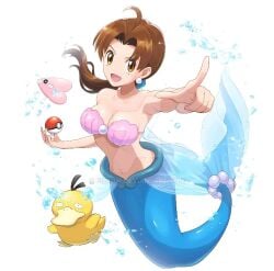 bare_arms bare_midriff bare_shoulders belly_button bikini bikini_top bra breasts brown_eyes brown_hair cleavage delia_ketchum_(pokemon) earrings female long_hair mermaid mermaid_girl mermaid_tail mermay midriff milf navel overboob pearl pearl_(gem) pearl_earrings pink_bikini pink_bikini_top pink_bra pokeball pokemon pokemon_(anime) ponytail psyduck seashell seashell_bikini_top seashell_bra seashell_necklace silver_pearl splash splashing water water_drop white_earrings