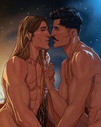 2boys abs almost_kissing artist_signature bara bartridge_trevelyan biceps black_hair brown_hair completely_nude couple dark-skinned_male dark_hair dark_skin dorian_pavus dragon_age dragon_age_inquisition duo ear_piercing earrings facial_hair gay human inquisitor_(dragon_age) light-skinned_male light_skin long_hair looking_at_another looking_at_partner mage male male/male male_only male_pubic_hair merwild moustache muscles muscular muscular_male naked naked_male night night_sky nipples nude nude_male pecs piercing pubic_hair romantic romantic_ambiance romantic_couple scar scars video_games yaoi