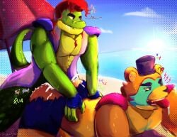 alligator alligator_tail alligatorid alligatorid_humanoid animatronic anthro artist_request background beach bear biceps big_ass blue_eyes blue_nails body_hair body_markings bowtie crocodile crocodile_tail crocodilian crocodylid cum cum_in_ass cum_inside english english_text facial_markings five_nights_at_freddy's five_nights_at_freddy's:_security_breach fnaf gay gay_sex glamrock_freddy_(fnaf) green_body hands_on_back hearts_around_head lighting_bolt machine male male/male male_only male_penetrated male_penetrating male_penetrating_male mohawk mohawk_(hairstyle) montgomery_gator_(fnaf) muscular muscular_anthro muscular_arms muscular_male muscular_thighs non-human non_human non_mammalian_nipples onomatopoeia orange_body pink_glans red_hair reptile reptile_humanoid robot robot_humanoid scottgames sea seaside simple_background spiked_bracelet spotted_body steel_wool_studios tail tail_markings tan_body tattoo tongue_out top_hat two_tone_body ursid ursid_humanoid ursine