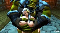 1boy 1girls 3d big_breasts blizzard_entertainment blonde_hair female green_skin groping groping_breasts interspecies jaina_proudmoore light-skinned_female light_skin male multicolored_hair orc orc_(warcraft) orc_male orced size_difference thrall warcraft white_hair world_of_warcraft zex4