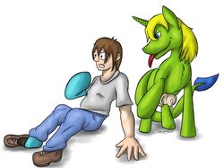 balls clothed clothing cum cum_on_ground cum_on_penis denton dragon duo equine fan_character gay human male mammal my_little_pony penis tongue tongue_out transformation