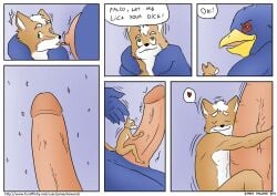 2boys anthro avian beak bird canid canine comic completely_nude dialogue digital_drawing_(artwork) digital_media_(artwork) duo english_text erection extreme_size_difference falco_lombardi fox fox_mccloud genitals heart_symbol james_howard macro male male/male male_only maledom malesub mammal micro nintendo nipples nude nude_male penis siman-clifton size_difference star_fox tail text togepi1125 url yaoi