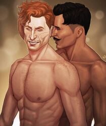 2boys abs artist_signature bara biceps black_hair chest_hair closed_eyes cuddling dark-skinned_male dark_hair dark_skin dorian_pavus dragon_age dragon_age_inquisition duo facial_hair freckles gay gay_male hairy_chest heryn_trevelyan human inquisitor_(dragon_age) laugh laughing light-skinned_male light_skin looking_at_partner mage male male/male male_only merwild moustache muscles muscular muscular_male nipples pecs red_hair scar scars shirtless smile smiling standing standing_position video_games yaoi