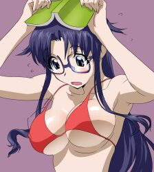 armpits bikini bikini_top_only blue_eyes blue_hair blush book bouncing_breasts breasts commentary_request covered_nipples female glasses large_breasts long_hair nadeara_bukichi read_or_die solo swimsuit underboob yomiko_readman