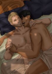 2boys bara beard_stubble bed biceps black_hair blanket blonde_hair chest_hair closed_eyes cullen_rutherford dark-skinned_male dark_hair dark_skin dorian_pavus dragon_age dragon_age_inquisition duo facial_hair gay gay_male hairy_chest half-dressed half_naked human in_bed interlocked_fingers light-skinned_male light_skin looking_up mage male male/male male_only moustache moustache muscular muscular_male nipples pecs pillow romantic romantic_ambiance shirtless smile smiling straight_male stubble tovarasnightroad video_games yaoi