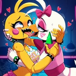 2girls ahe_gao ai_generated five_nights_at_freddy's five_nights_at_freddy's:_security_breach five_nights_at_freddy's_2 fnaf french_kissing glamrock_chica_(fnaf) kissing looking_at_partner powerhouserift tongue_kiss tongue_touching_another's_tongue tongues_touching toy_chica_(fnaf) yuri