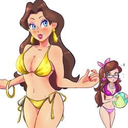 2girls :) :o bikini breasts brown_hair chan23berry female female_only lipstick mario_(series) nintendo pauline pauline_(mario) swimsuit tagme teeth