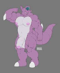 anthro balls biceps casual_nudity flaccid flexing flexing_bicep foreskin generation_1_pokemon genitals hi_res horn humanoid_genitalia humanoid_hands humanoid_penis looking_at_viewer mal_lock male male_only manly muscular muscular_anthro muscular_male navel nidoking nintendo nipples nude pecs penis pokemon pokemon_(species) quads solo tail teeth