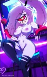 areolae big_breasts cherri_bomb_(hazbin_hotel) demon demon_girl felox08 female_only hazbin_hotel high_resolution mommysuu nipples nude_female one_eye ponytail pussy smile tagme white_hair