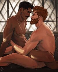 2boys abs artist_name bara beard beauty_mark biceps brown_hair completely_nude cowgirl_position cuddling dark-skinned_male dark_hair dark_skin day daylight dorian_pavus dragon_age dragon_age_inquisition duo facial_hair freckles gay gay_male heryn_trevelyan holding_partner human inquisitor_(dragon_age) light-skinned_male light_skin looking_at_another looking_at_partner mage male male/male male_only merwild mole moustache muscular muscular_male mustache naked naked_male nipples nude nude_male on_top pecs scar scars tagme video_games window yaoi