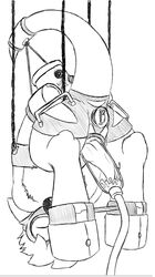 alien ankle_cuffs anthro ass_up black_and_white bondage bound bound_ankles bound_tail cuffs cum english_text experiment_(species) fully_bound gas_mask gas_tank handle harness knot male male_only malesub monochrome penis penis_milking petrock raised_tail ribera_(character) sex_toy solo spreader_bar suspension tail_bondage tail_cuff tapering_penis text thick_tail upside-down vibrator wrist_cuffs