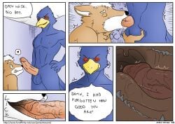 2boys anthro avian ball_fondling balls beak bird canid canine comic completely_nude dialogue digital_drawing_(artwork) digital_media_(artwork) duo english_text erection falco_lombardi fellatio fondling fox fox_mccloud front_view genitals heart_symbol inside inside_mouth internal internal_fellatio internal_oral interspecies james_howard male male/male male_only male_penetrated male_penetrating male_penetrating_male maledom malesub mammal mouth_shot nintendo nipples nude nude_male open_mouth oral oral_penetration penetration penile penis penis_on_tongue sex siman-clifton standing star_fox teeth text throat togepi1125 tongue url uvula yaoi