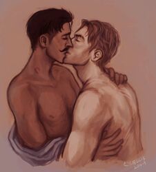 2014 2boys artist_name artist_signature bara beauty_mark biceps black_hair brown_hair chest_hair closed_eyes cynellis dark-skinned_male dark_hair dark_skin dorian_pavus dragon_age dragon_age_inquisition duo facial_hair gay gay_male hairy_chest hickey hickey_marks human kissing kissing light-skinned_male light_skin love_bite mage male male/male male_only mole moustache moustache nipples pecs scar scars shirtless unknown_character video_games yaoi