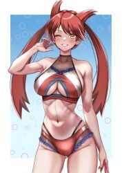 1girls arm_up armpits ass_visible_through_thighs bare_shoulders bikini blush breasts cleavage collarbone cowboy_shot female grin groin hair_ears highres humanized large_breasts latias latias_(pokemon_adventures) layered_bikini looking_at_viewer midriff multicolored_bikini multicolored_clothes navel one_eye_closed personification pokemon pokemon_(species) pokemon_adventures red_bikini red_hair sidelocks skindentation smile solo standing swept_bangs swimsuit takecha teeth twintails white_bikini yellow_eyes